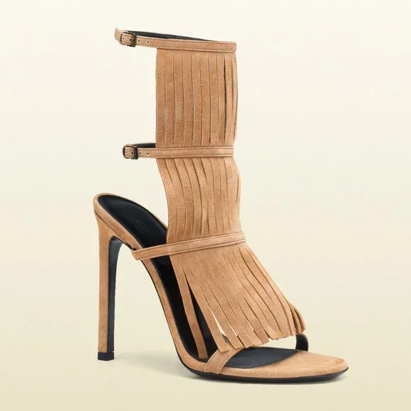 GUCCI SHOES BECKY BEIGE SUEDE FRINGED HIGH HEEL SANDAL sz 36.5 / 6.5 - Picture 9 of 9